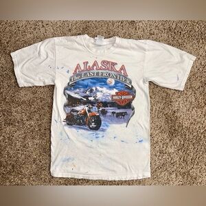 Vintage Paint Splattered Harley-Davidson White Alaska Frontier T-Shirt